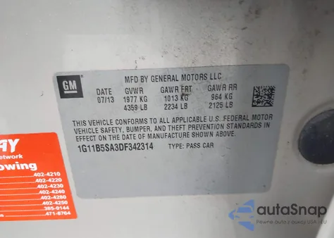 2013 Chevrolet Malibu 1Ls из США, поврежденный, VIN 1G11B5SA3DF342314